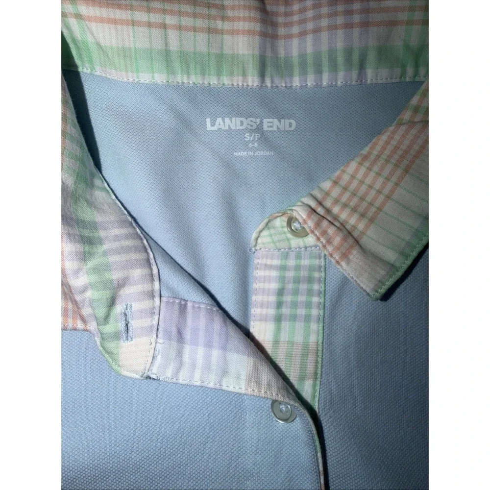 Lands' End Women's Small Light Blue Short Sleeve Plaid Collared Polo Shirt Dress - Picture 5 of 7